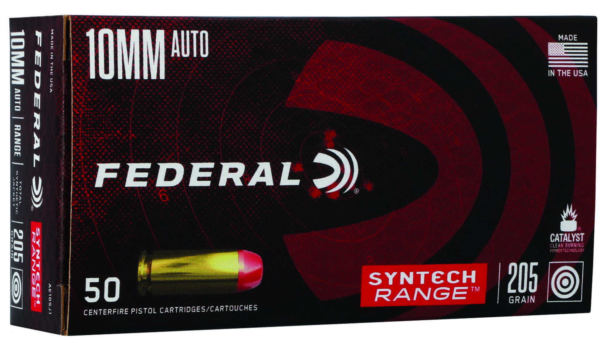 Federal Syntech Pistol Ammunition AE10SJ1, 10mm Auto, Total Syntech Jacket Flat Nose, 205 gr, 1150 fps, 50 Rd/Bx