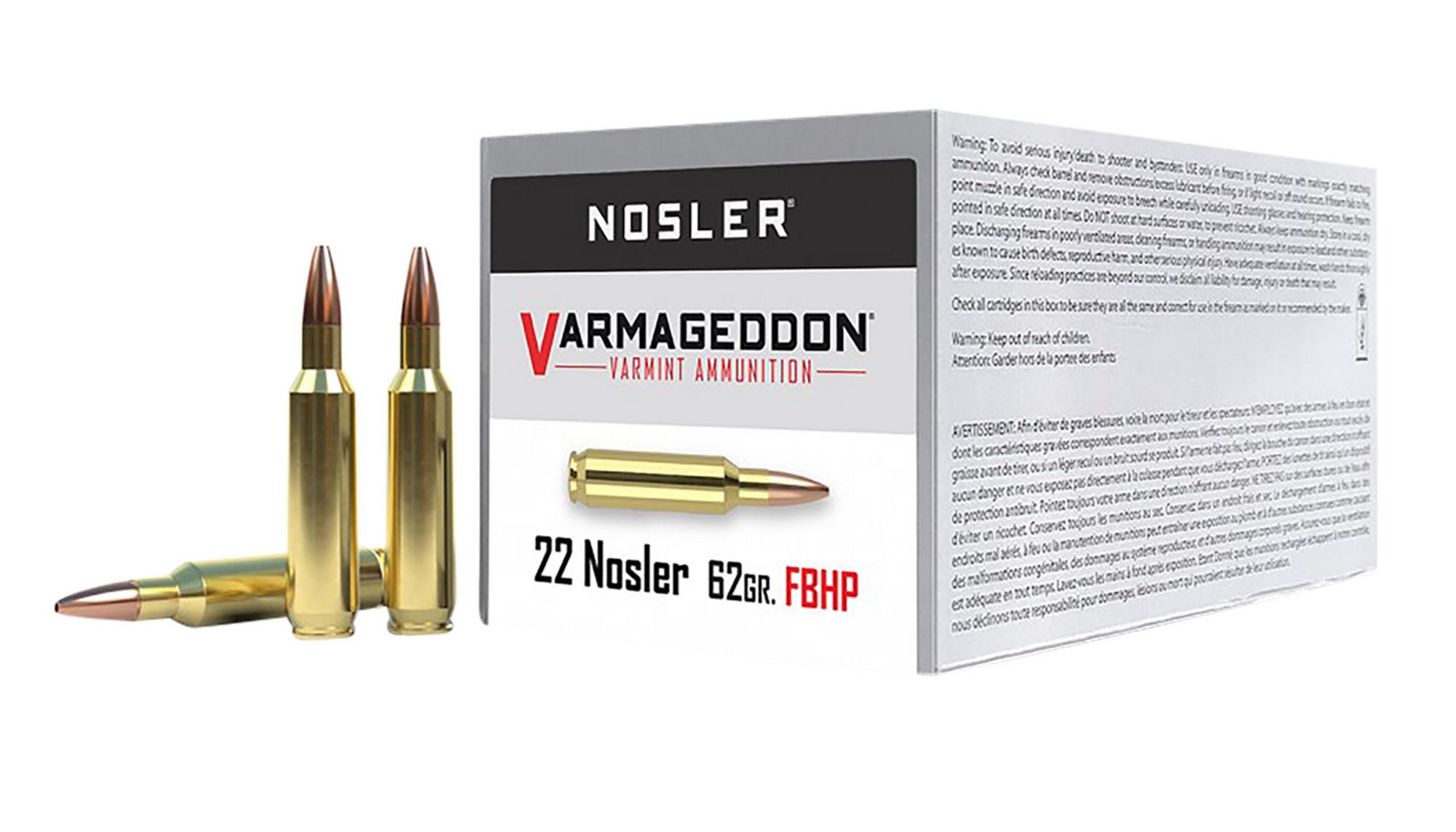 Nosler Varmageddon Rifle Ammunition 65180, 22 Nosler, Flat Base Hollow Point, 62 gr, 3250 fps, 50 Rd/Bx