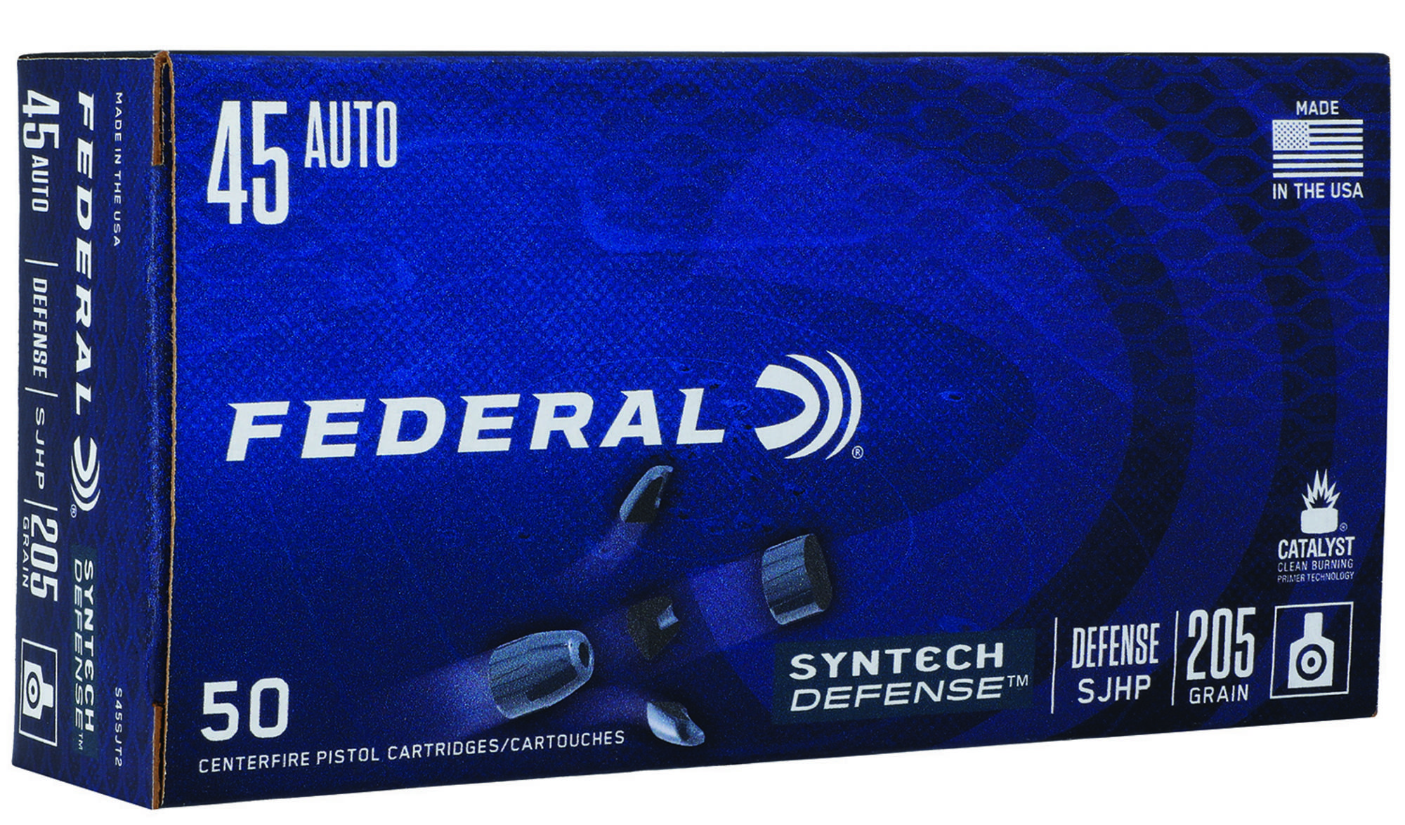Federal Syntech Pistol Ammunition S45SJT2, 45 Automatic Colt Pistol ACP, Segmented JHP, 205 gr, 970 fps, 50 Rd/Bx