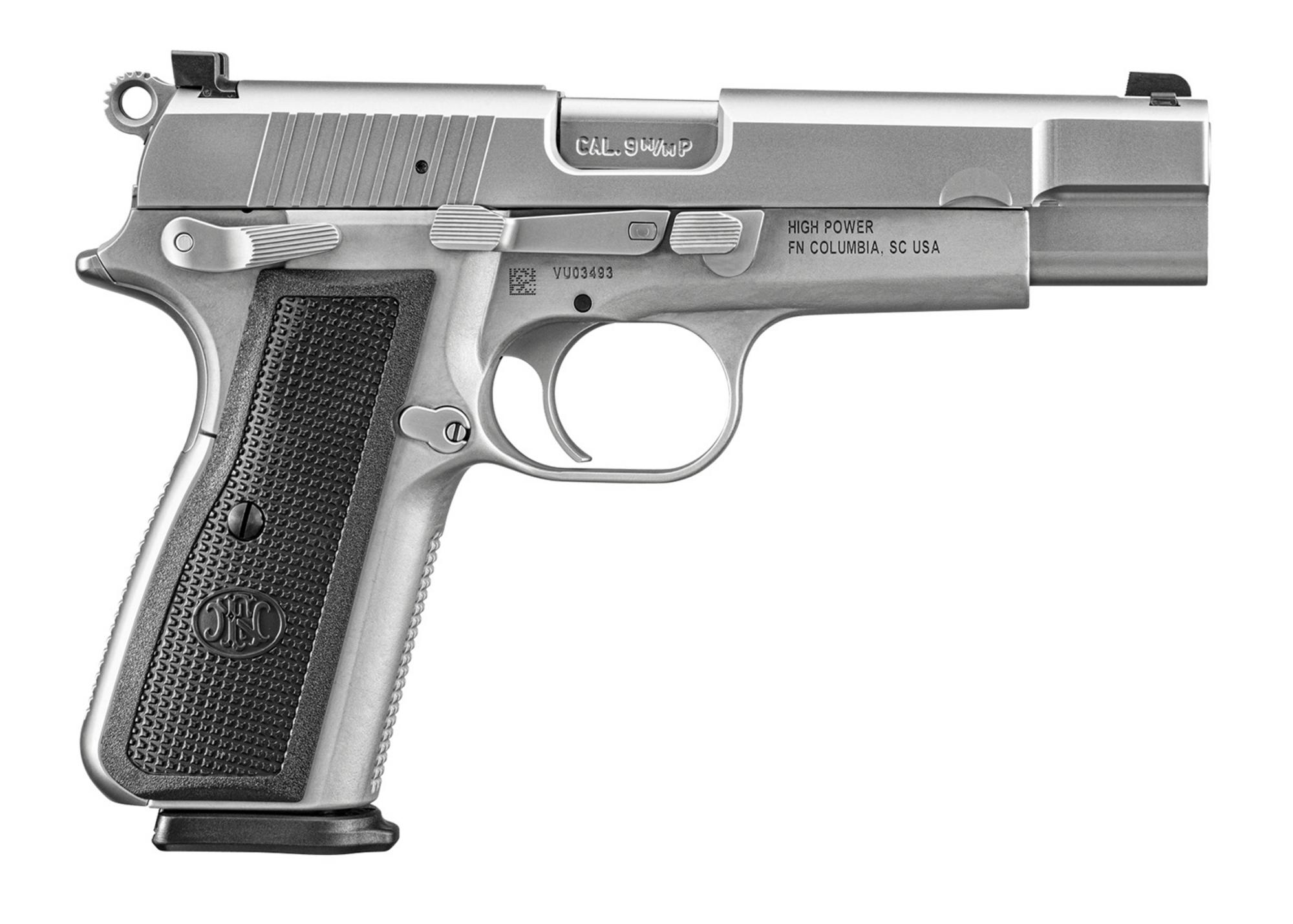 FN Herstal High Power Full Size Pistol 66101068, 9mm, 4.70", Black Textured Grips, Matte Stainless Finish, Ambidextrous, 17 Rds