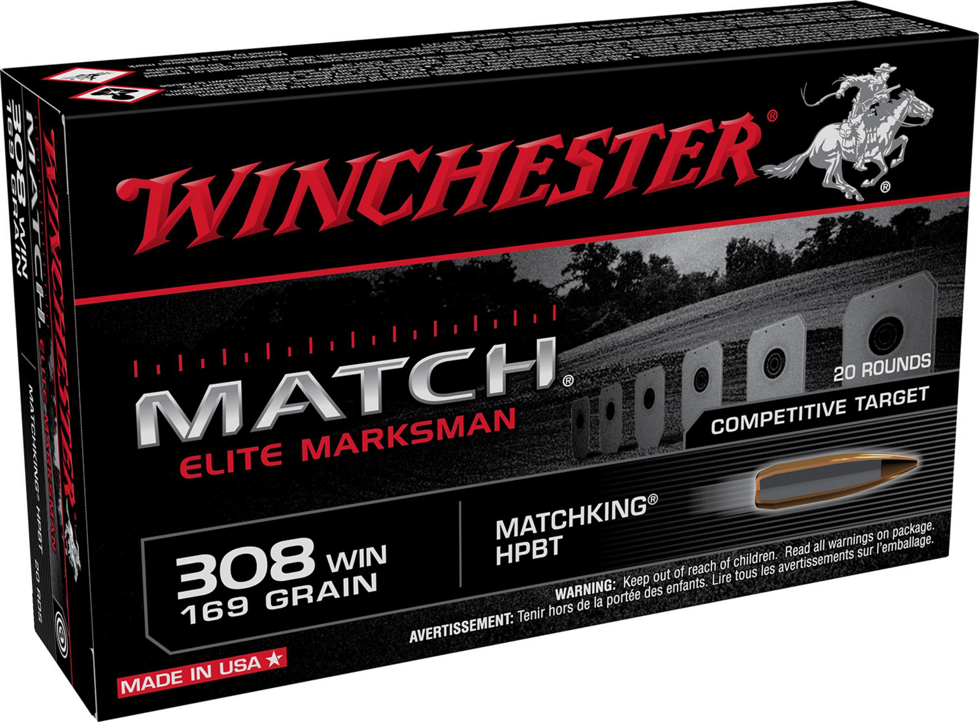 Winchester Match Elite Marksman Rifle Ammunition S308M2, 308 Win, Sierra MatchKing BTHP, 169 gr, 2755 fps, 20 Rd/Bx