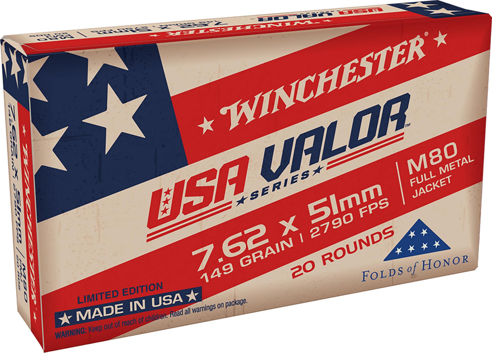 Winchester USA Valor Rifle Ammunition USAVM80X, 7.62x51mm NATO, Full Metal Jacket, 149 gr, 2790 fps, 20 Rd/Bx