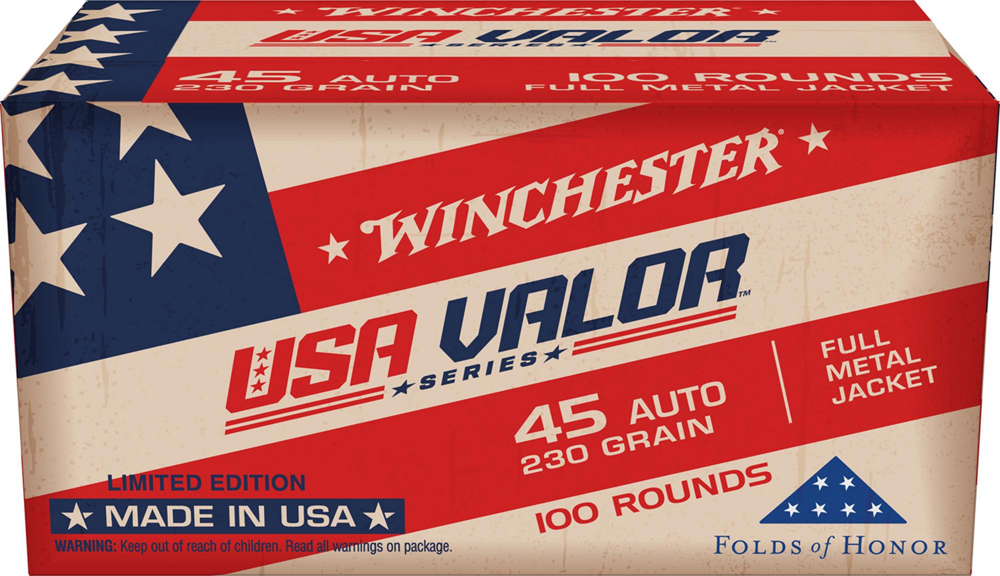 Winchester USA Valor Pistol Ammunition USAV45A, 45 Automatic Colt Pistol ACP, Full Metal Jacket, 230 gr, 835 fps, 100 Rd/Bx