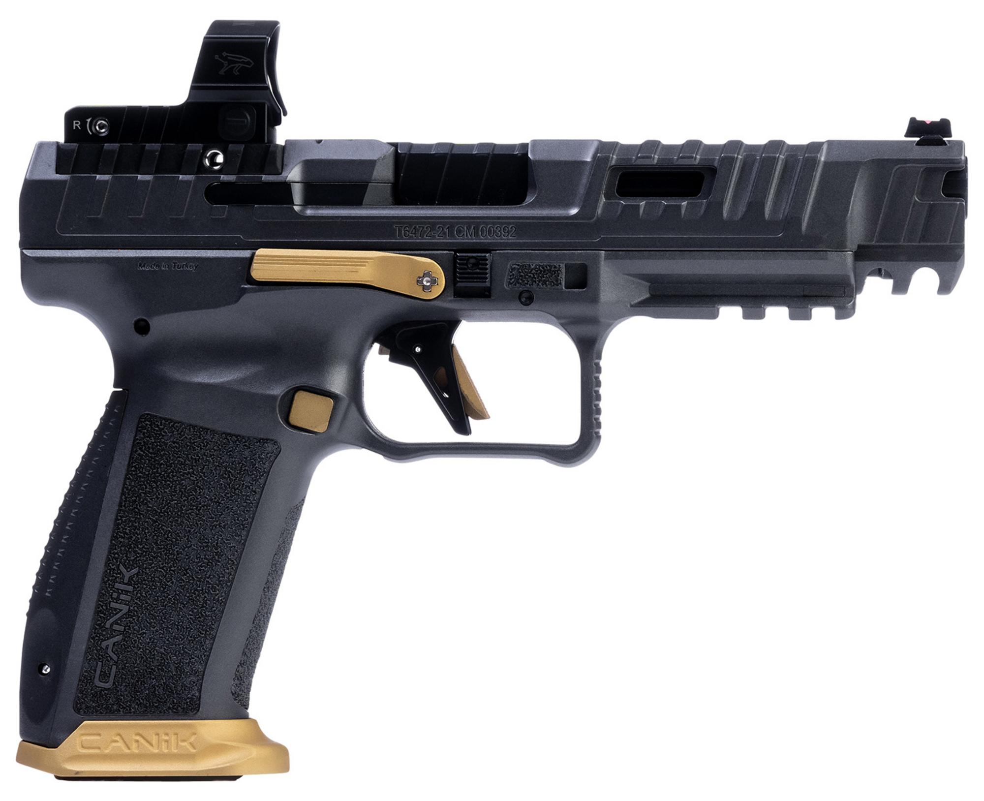 Canik SFX Rival Full Size Pistol HG7160TN, 9mm, 5", Textured Polymer Grips, Rival Gray w/Gold Accents Finish, w/MeCanik MO2 Optic, 18 Rds