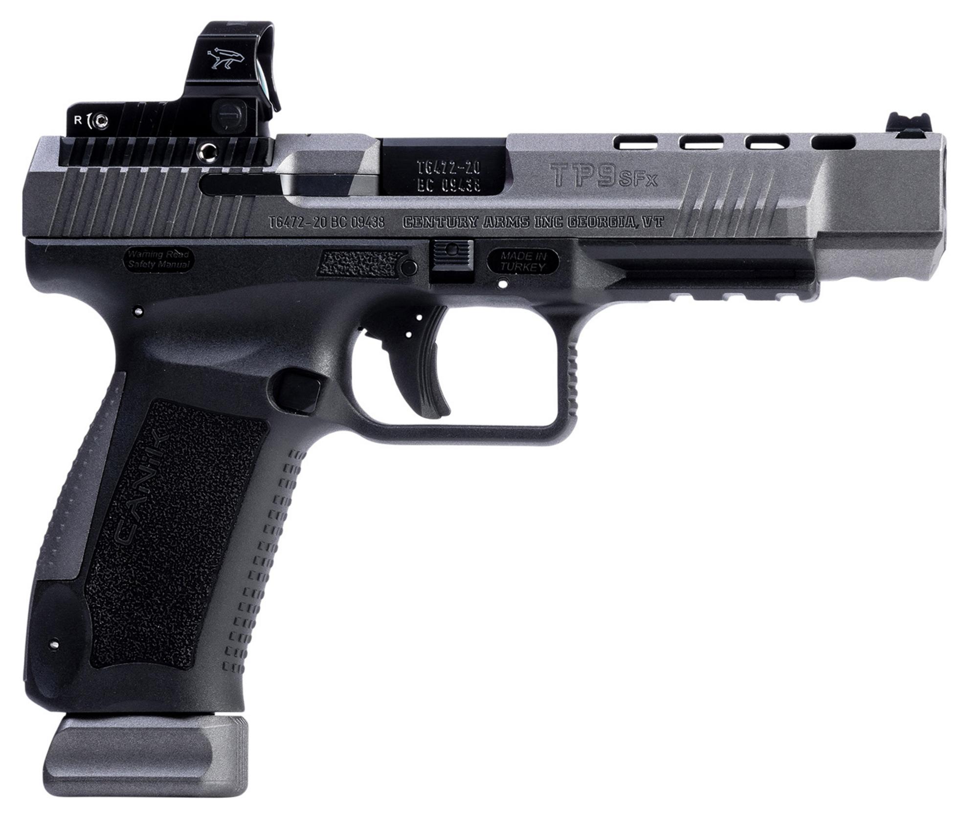 Caniok TP9SFX Full Size Pistol HG7166GN, 9mm, 5.20", Textured Polymer Grips, Tungsten Gray Finish, w/MeCanik M02 Optic, Ambidextrous, 20 Rds