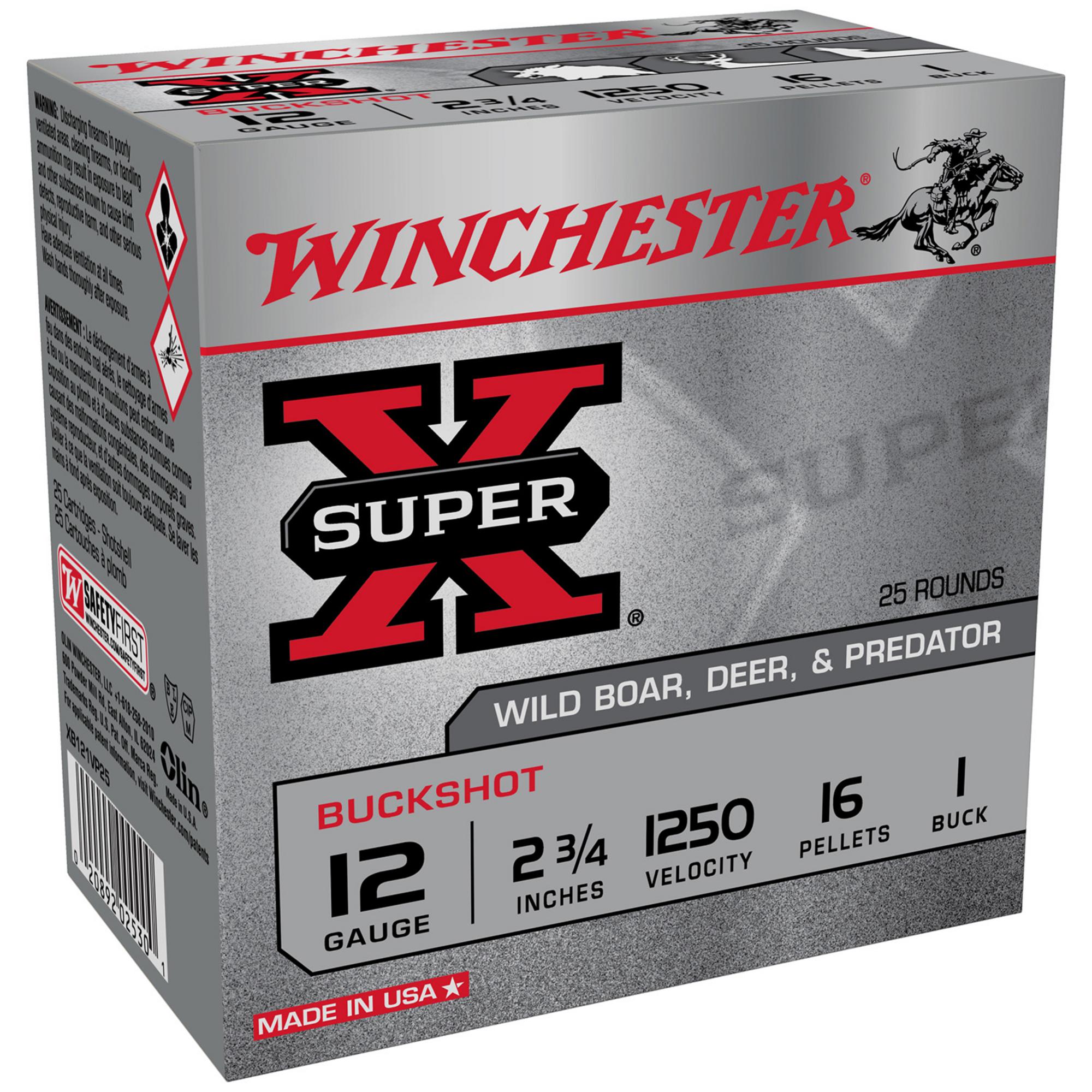 Winchester Super X Shotshells XB121VP25, 12 Gauge, 2-3/4", 16 Pellets, 1250 fps, #1 Buck Lead Buckshot, 25 Rds/box