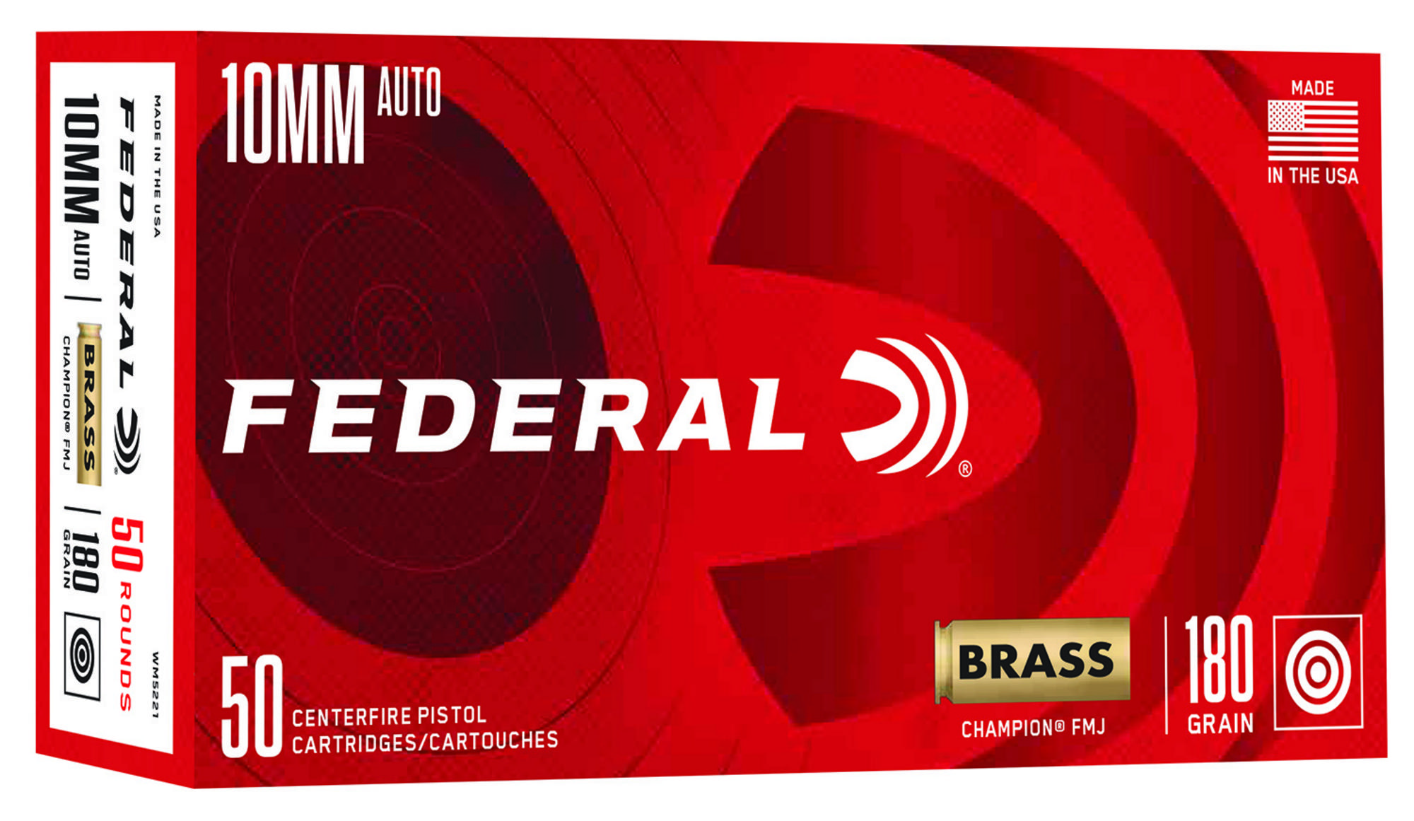 Federal Champion Pistol Ammunition WM5221, 10mm Auto, Full Metal Jacket, 180 gr, 1200 fps, 50 Rd/Bx