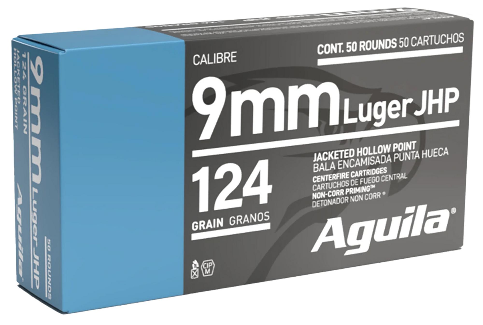 Aguila Pistol Ammunition 1E092125, 9mm Luger, JHP, 124 gr, 1130 fps, 50 Rd/Bx