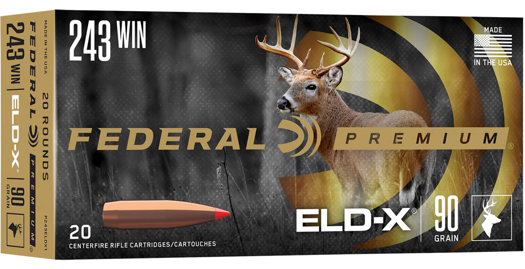 Federal Premium Rifle Ammunition P243ELDX1, 243 Win, Extremely Low Drag-eXpanding, 90 gr, 3150 fps, 20 Rd/Bx