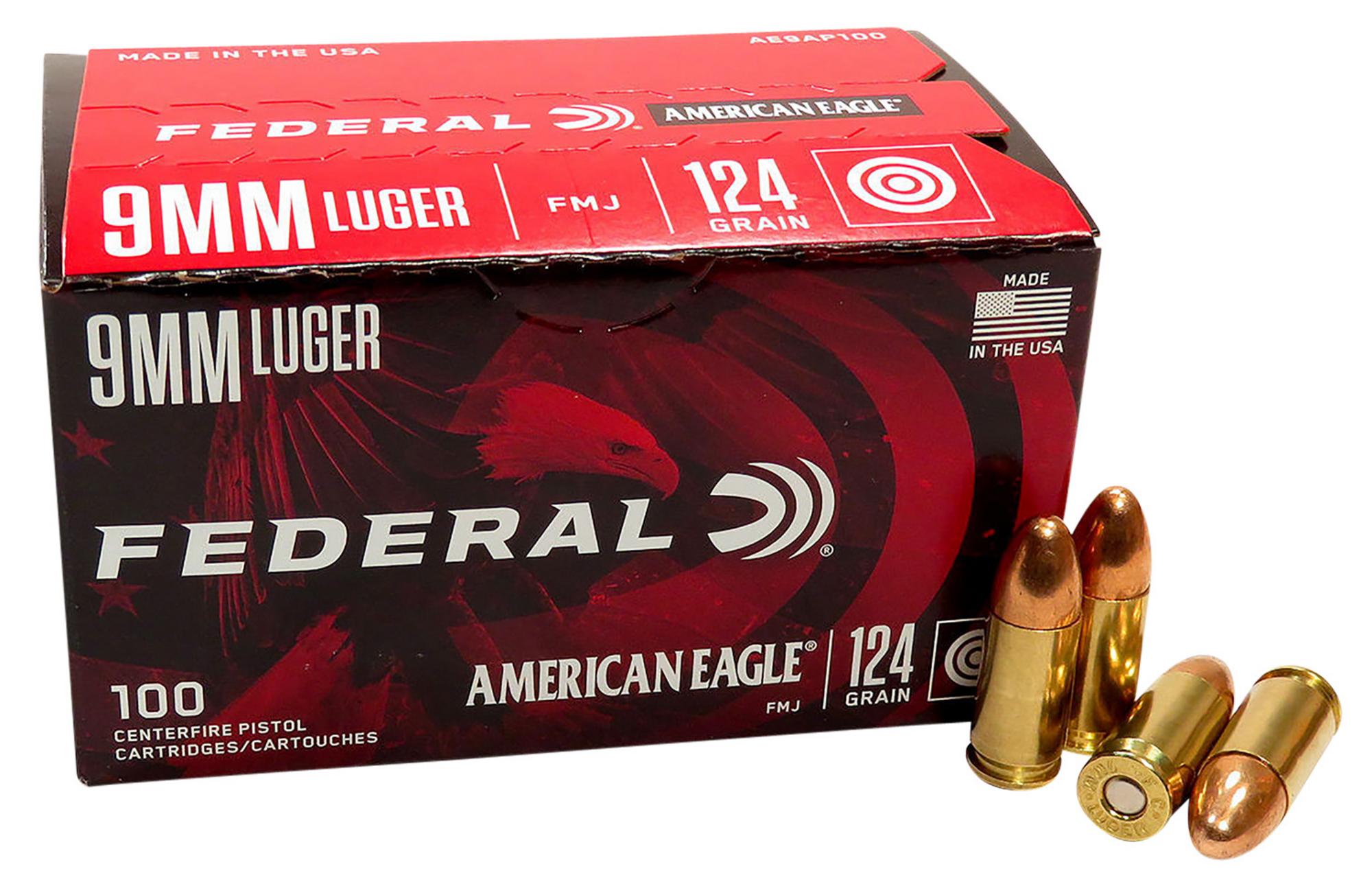 Federal American Eagle Pistol Ammunition AE9AP100, 9mm Luger, Full Metal Jacket, 124 gr, 1150 fps, 100 Rd/Bx