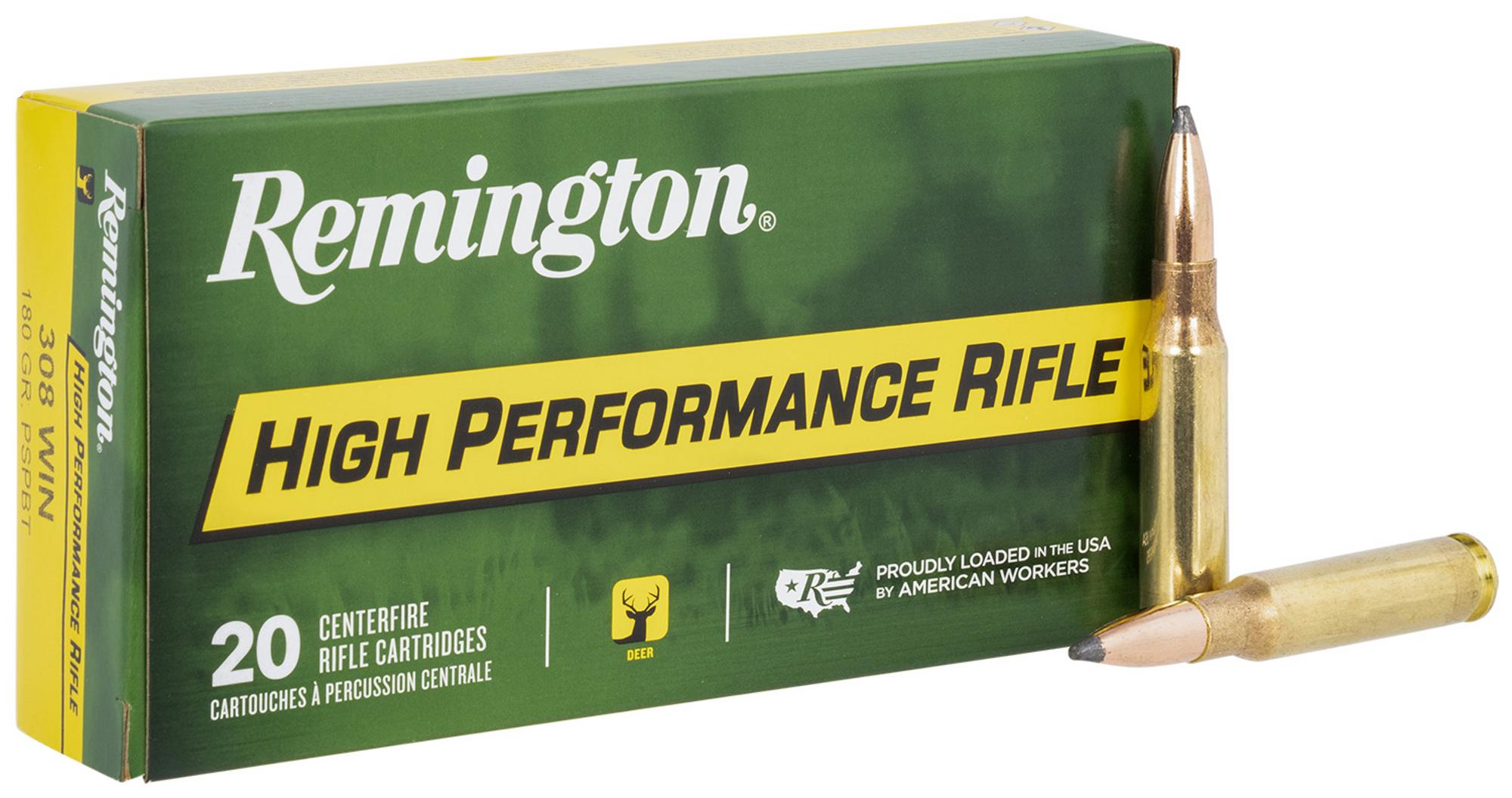 Remington High Performance Rifle Ammunition R21473, 308 Win, Pointed Soft Point Boat Tail, 180 gr, 2640 fps, 20 Rd/Bx