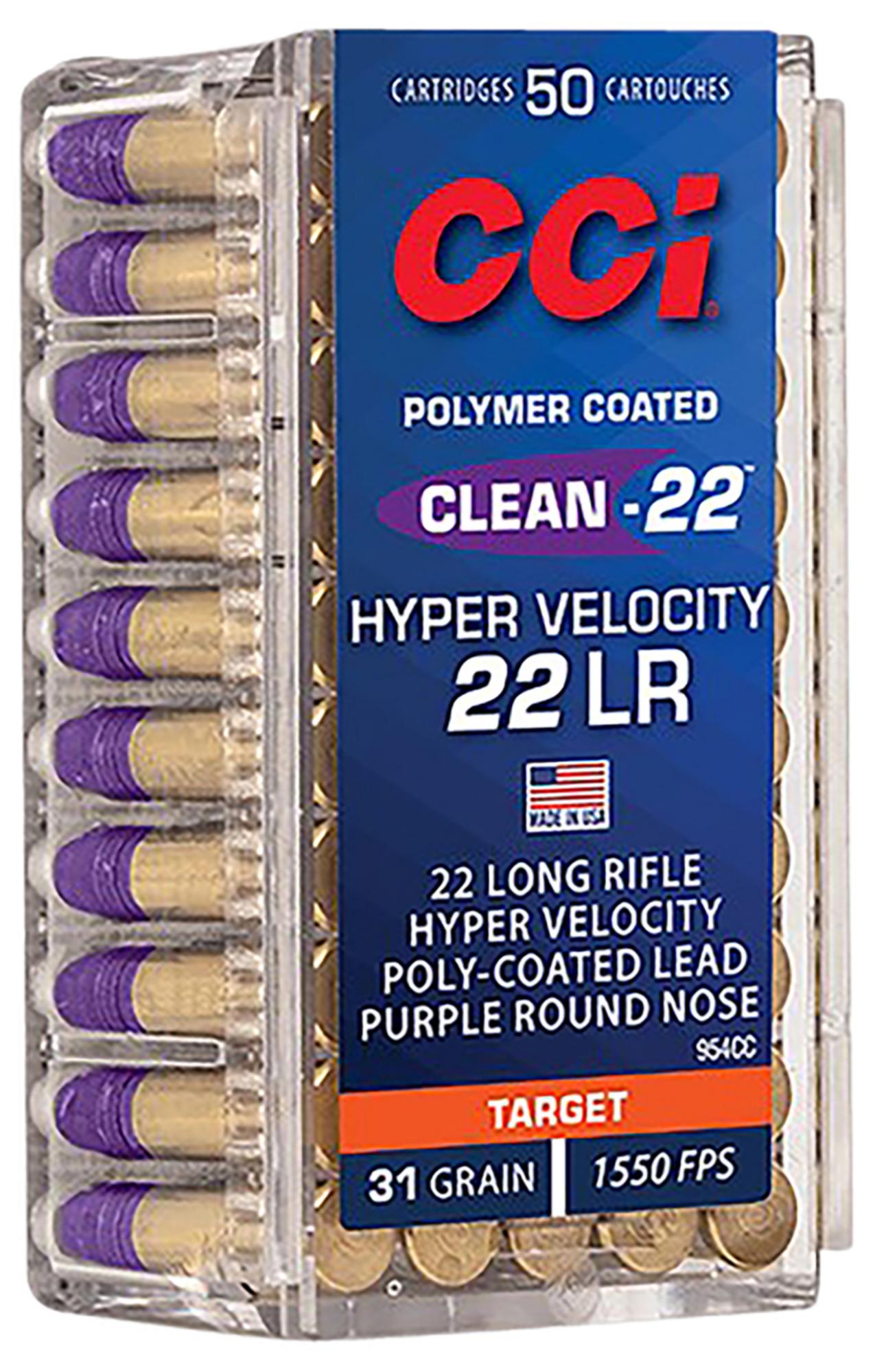 CCI Clean-22 Rimfire Ammunition 954CC, 22 LR, LN Purple, 31 gr, 1550 fps, 50 Rds/Bx