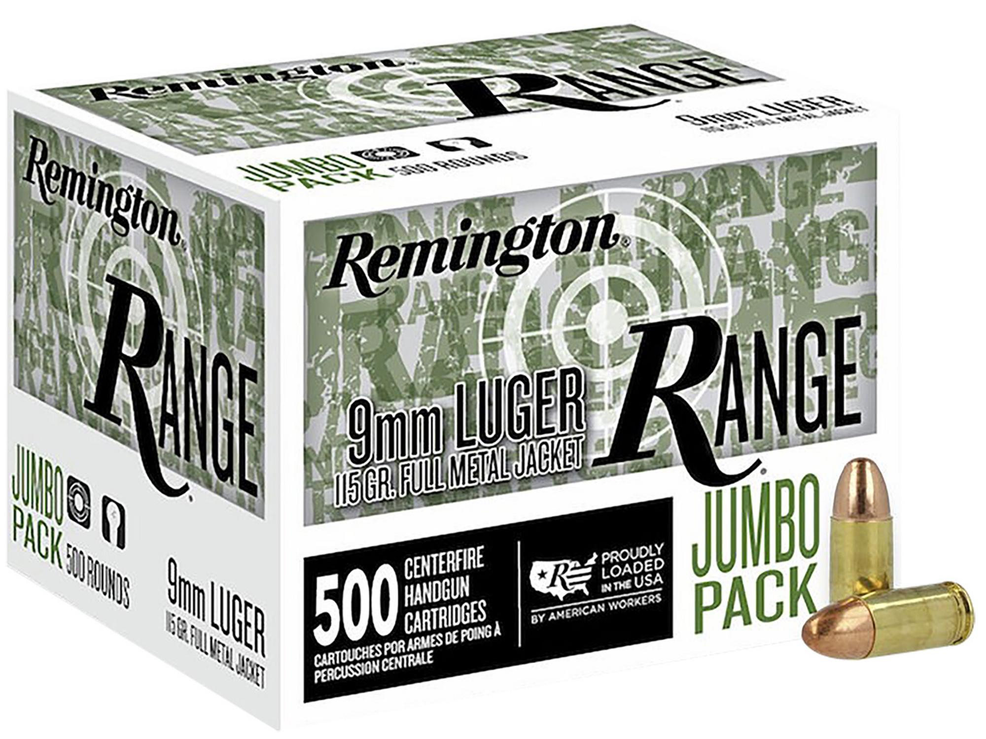 Remington Range Jubo Pack Pistol Ammunition R27779, 9mm, FMJ, 115 gr, 1145 fps, 500 Rd/Bx