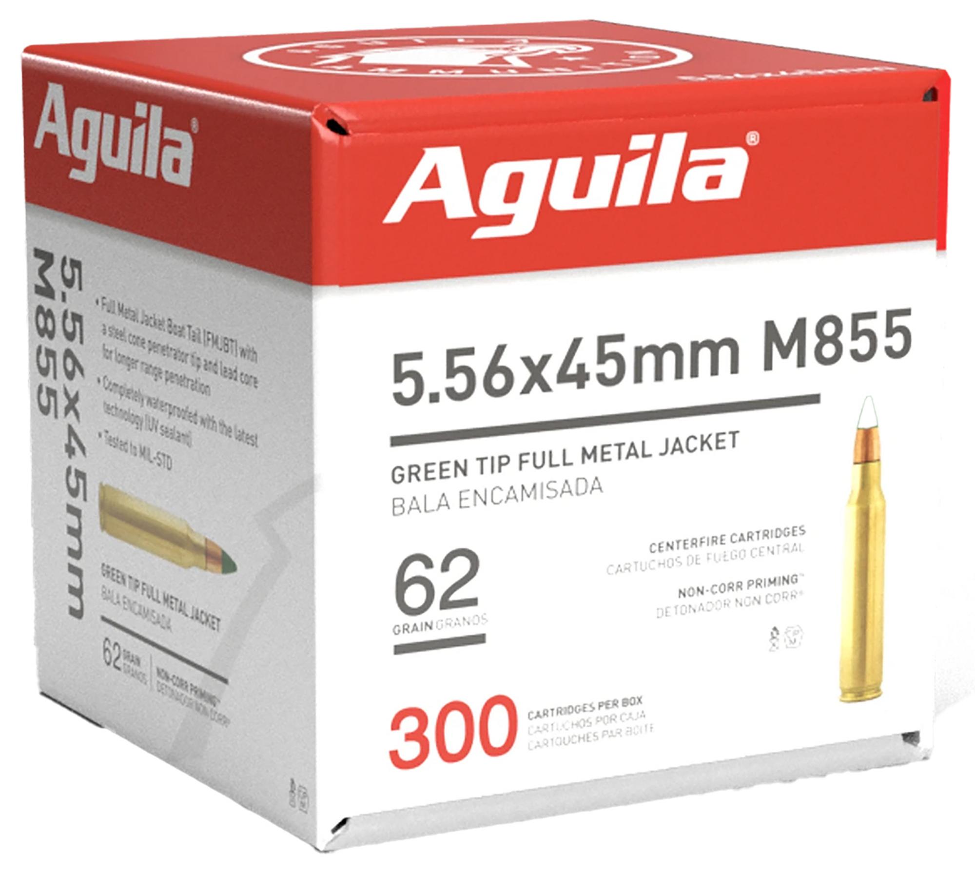 Aguila Rifle Ammunition 1E556125, 5.56x45mm NATO, Full Metal Jacket Boat Tail, 62 gr, 3260 fps, 300 Rd/Bx
