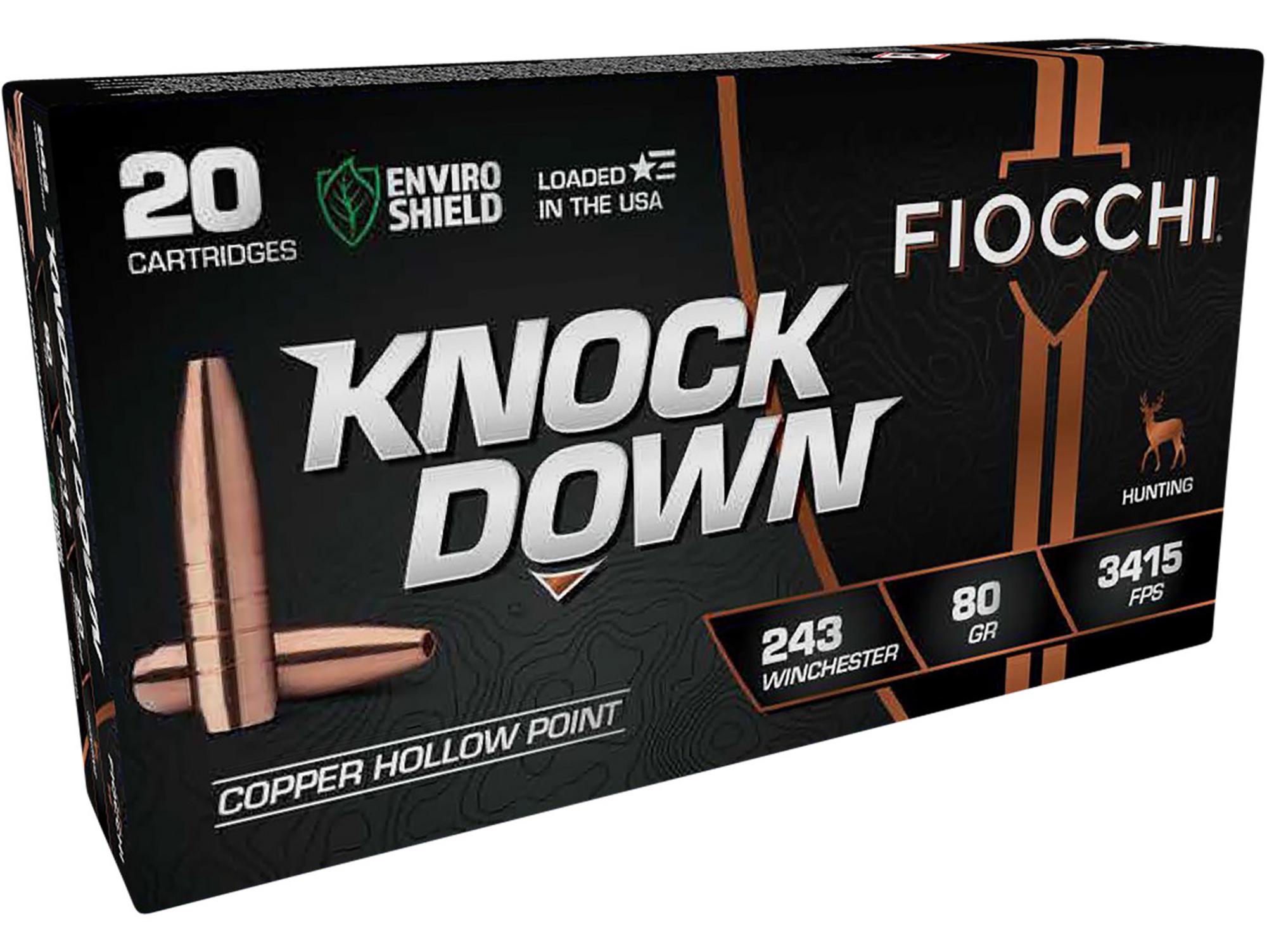 Fiocchi Knock Down Rifle Ammunition 243CHA, 243 Win, Hollow Point, 80 gr, 3415 fps, 20 Rd/Bx