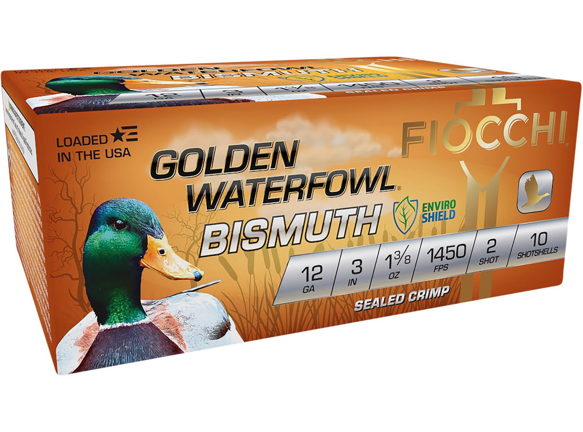Fiocchi Golden Waterfowl Bismuth Shotshells 123GB2, 12 Gauge, 3", 1 3/8 oz, 1450 fps, #2 Steel Shot, 10 Rds/box