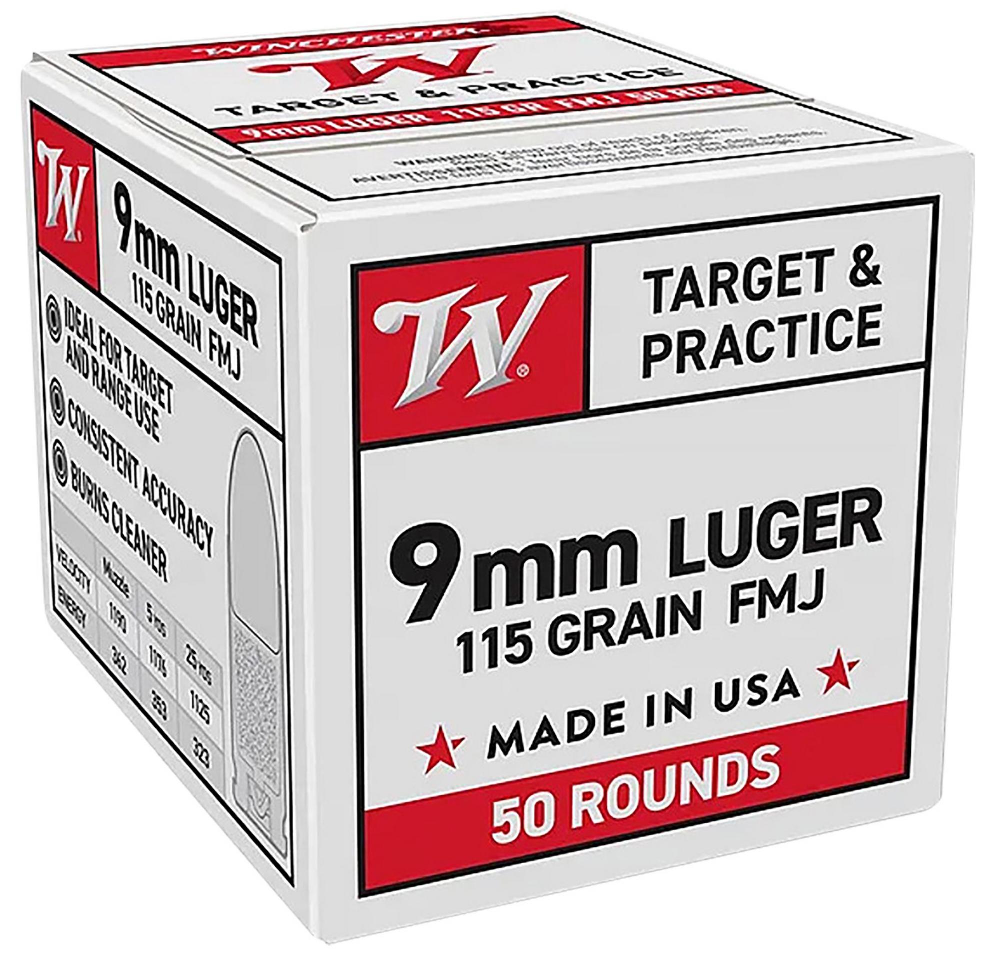 Winchester Training & Practice Pistol Ammunition W9MM50, 9mm Luger, Full Metal Jacket, 115 gr, 1190 fps, 50 Rd/Bx