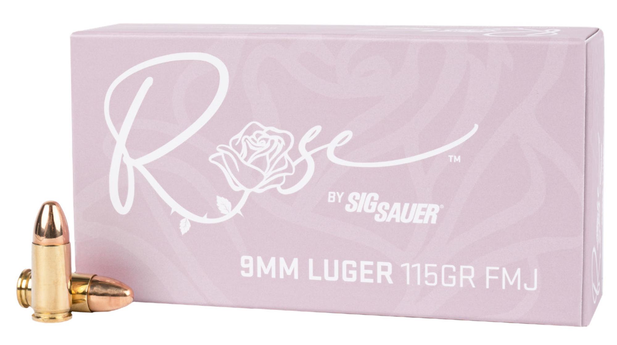 Sig Rose Pistol Ammunition E9MMB1ROSE50, 9mm Luger, Full Metal Jacket, 115 gr, 1050 fps, 50 Rd/Bx