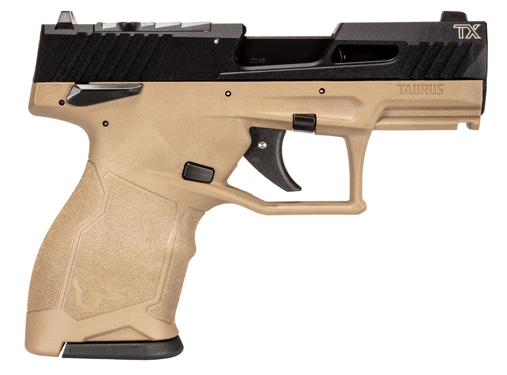 Taurus TX22C Compact Pistol 1TX22131F, 22 LR, 3.60", FDE Grips, Black Hard-Coat Slide, Optic Ready, 13 Rds