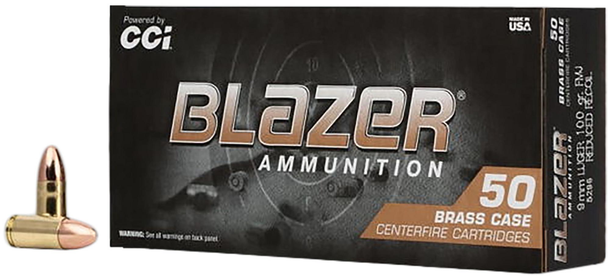 CCI Blazer Brass Pistol Ammunition 5296, 9mm Luger, Full Metal Jacket, 100 gr, 50 Rd/Bx