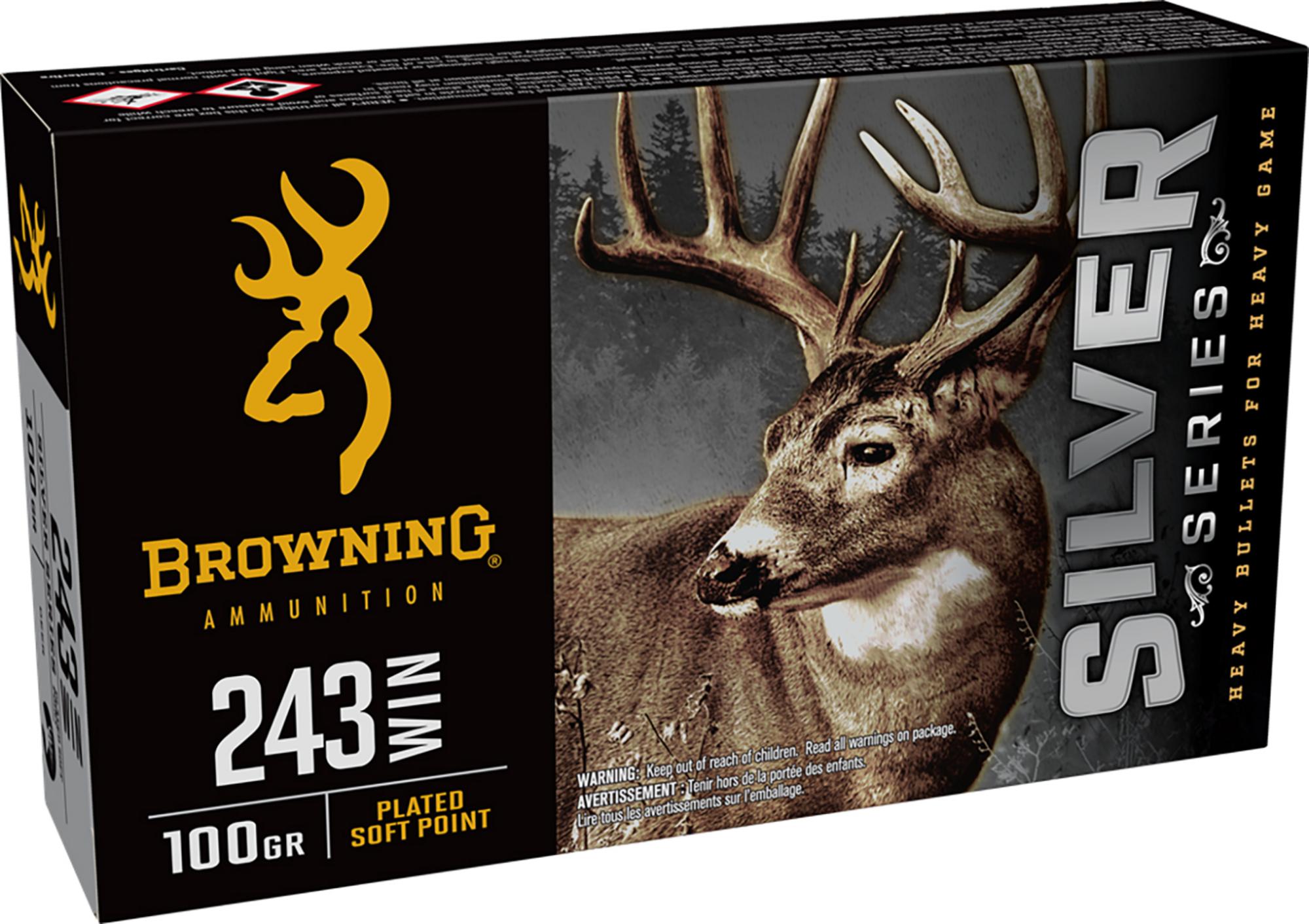 Browning Silver Rifle Ammunition B192602431, 243 Win, Plated Soft Point, 100 gr, 2960 fps, 20 Rd/Bx