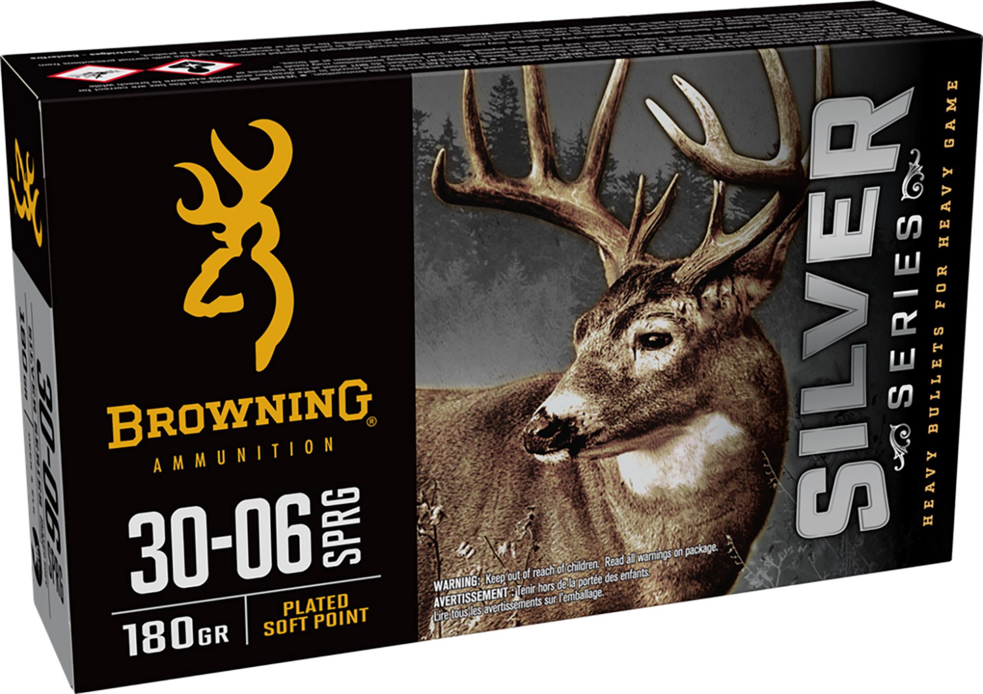 Browning Silver Rifle Ammunition B192630061, 30-06 Springfield, Plated Soft Point, 180 gr, 2700 fps, 20 Rd/Bx