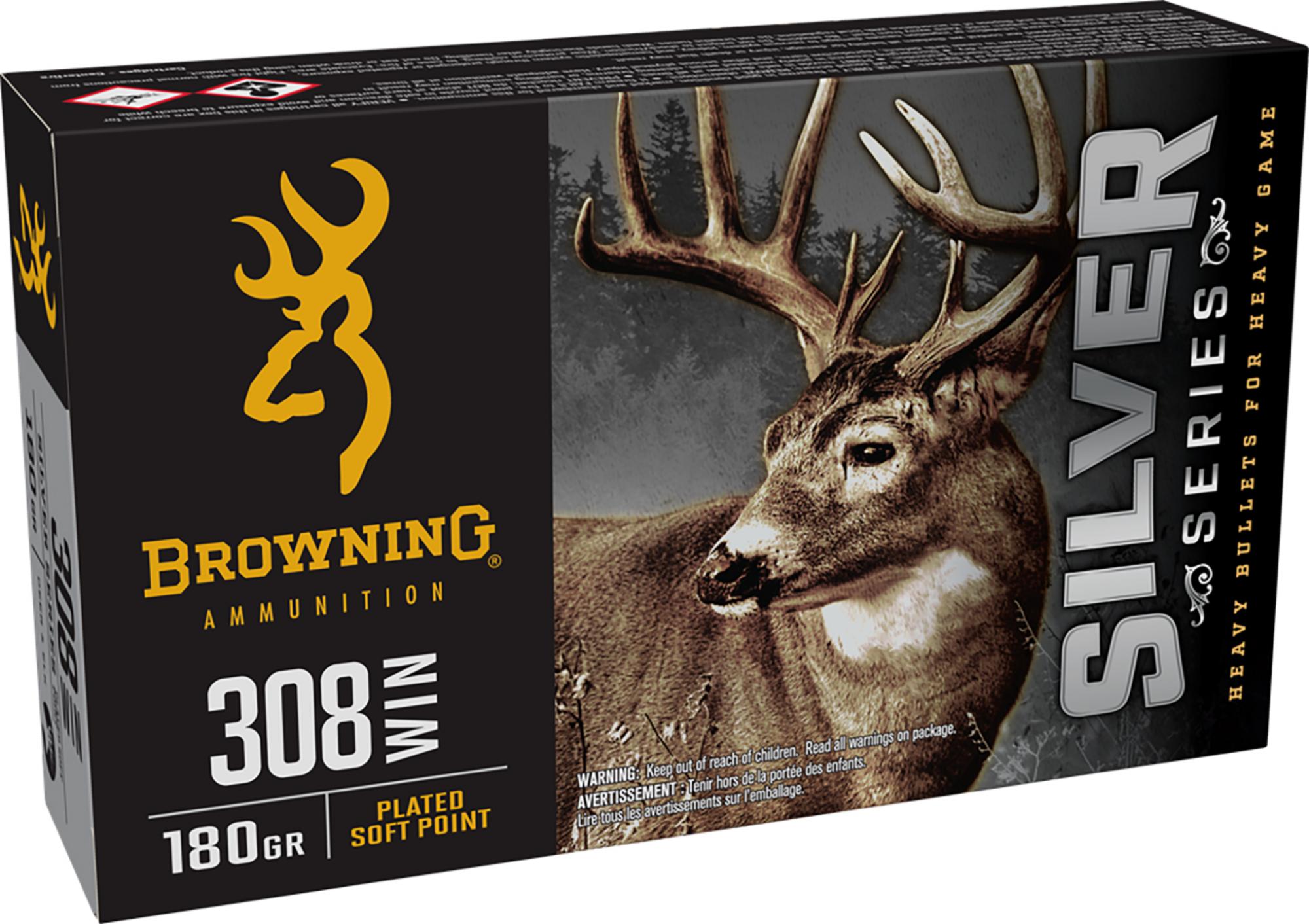 Browning Silver Rifle Ammunition B192603081, 308 Win, Plated Soft Point, 180 gr, 2620 fps, 20 Rd/Bx
