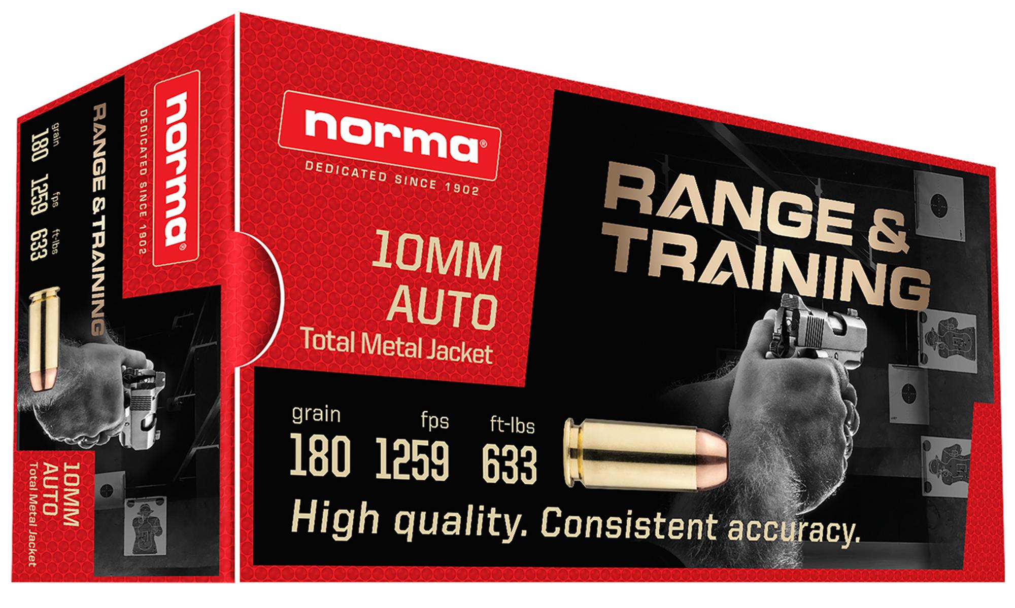 Norma Pistol Ammunition 801105383, 10mm, Total Metal Jacket, 180 gr, 1259 fps, 50 Rd/Bx