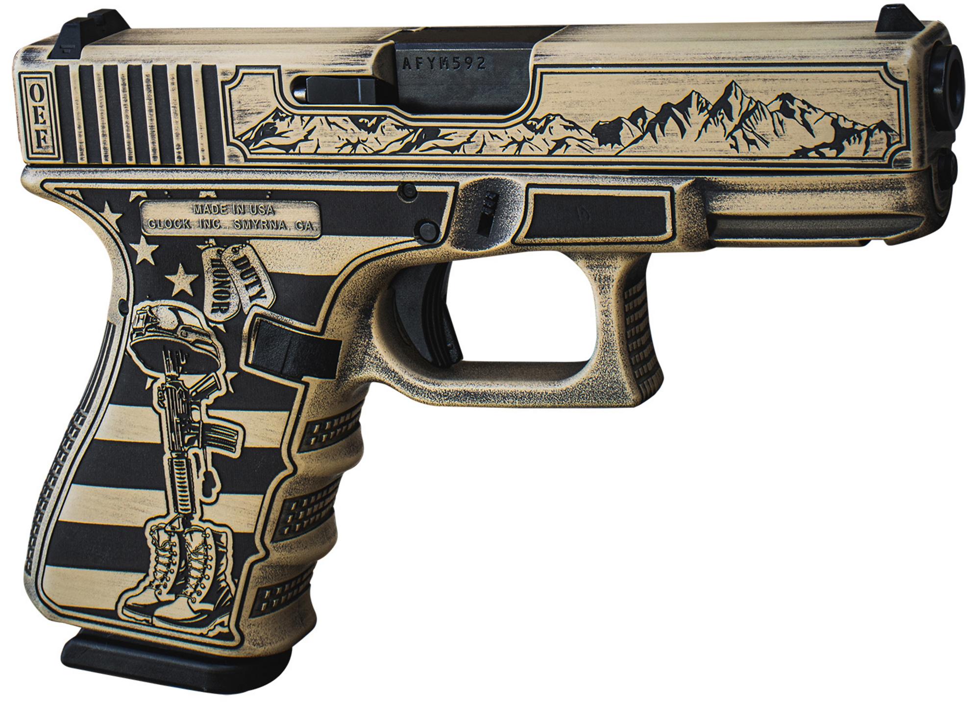 Glock 19 Gen5 MOS Pistol UA195S204MOSNOEF, 9mm, 4.02", Engraved w/Battlefield Cross Grips, Tan/Black Cerakote Finish, Optic Ready, 15 Rds