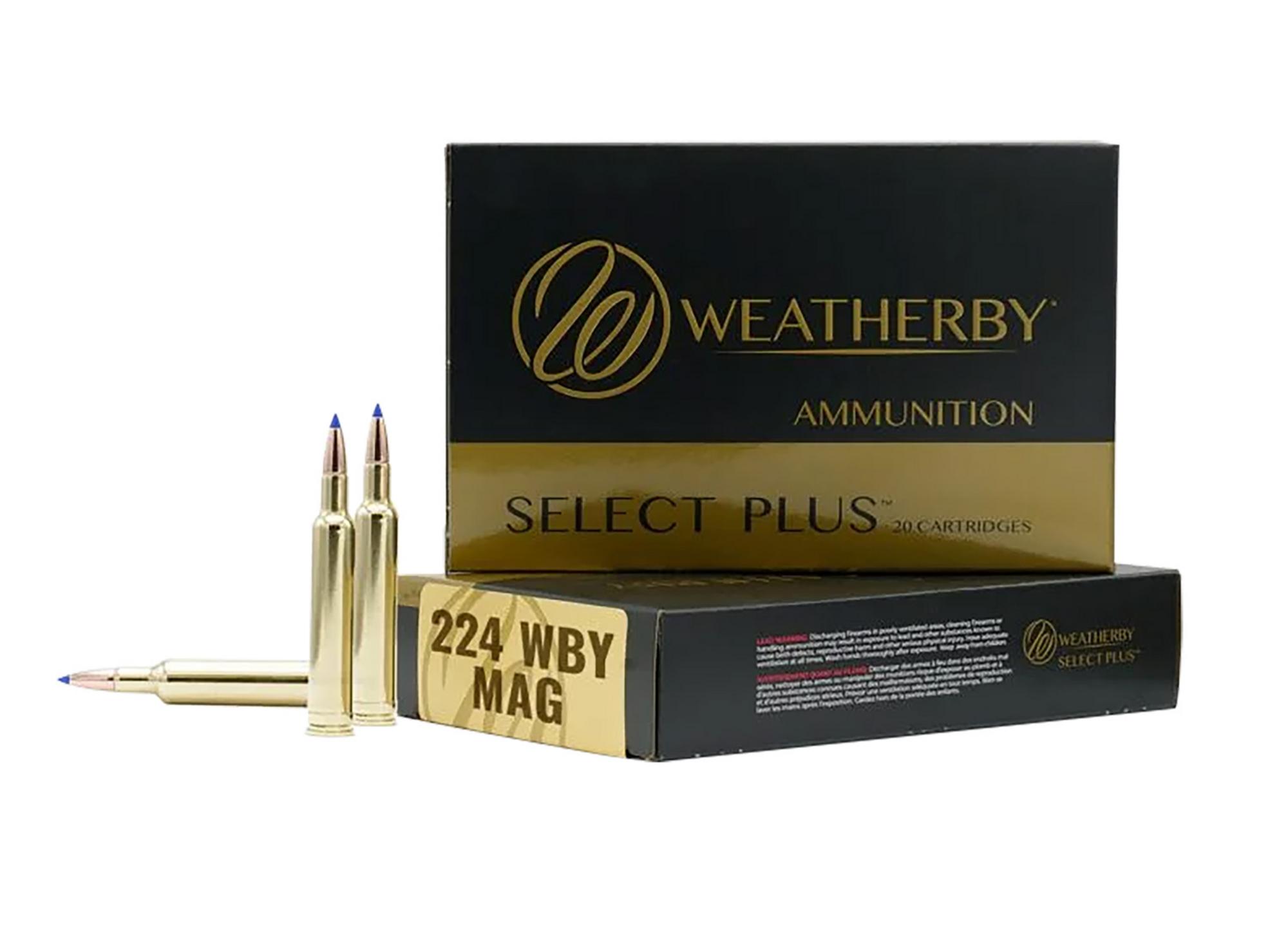 Weatherby Select Plus Rifle Ammunition H22450VMAX, 224 Wthby Mag, Hornady V-Max, 50 gr, 20 Rd/Bx