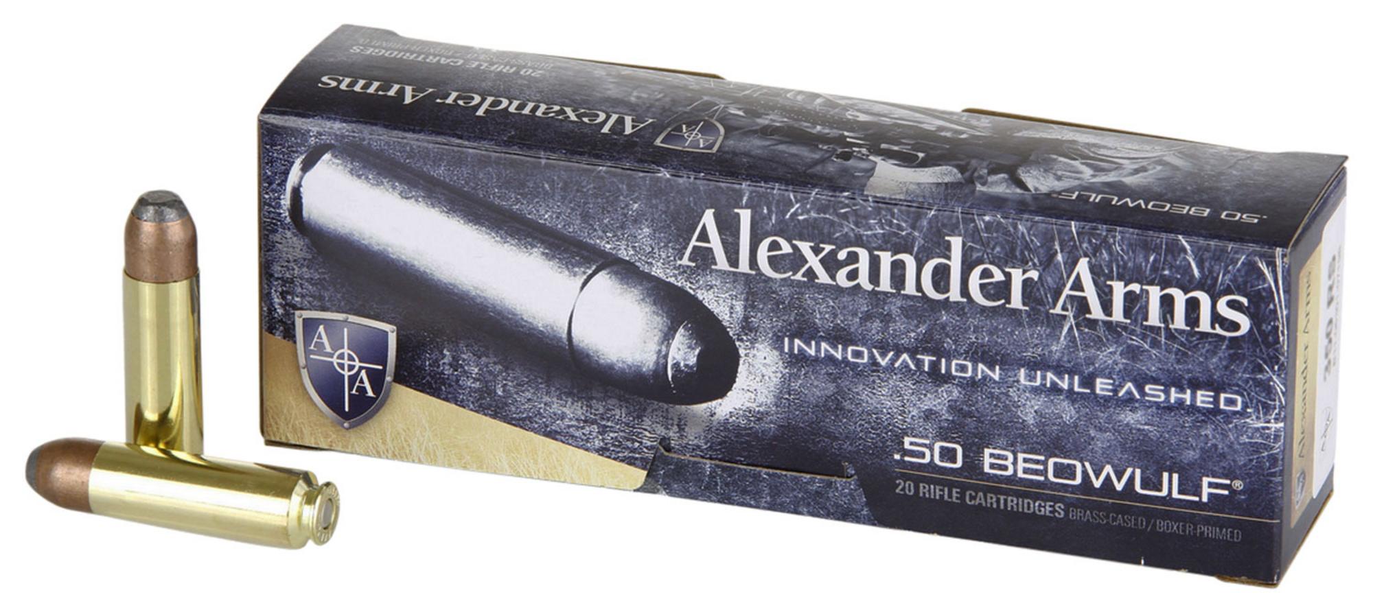 Alexander Arms Rifle Ammunition AB400FPBOX, 50 Beowulf, Flat Point, 400 gr, 1820 fps, 20 Rd/Bx