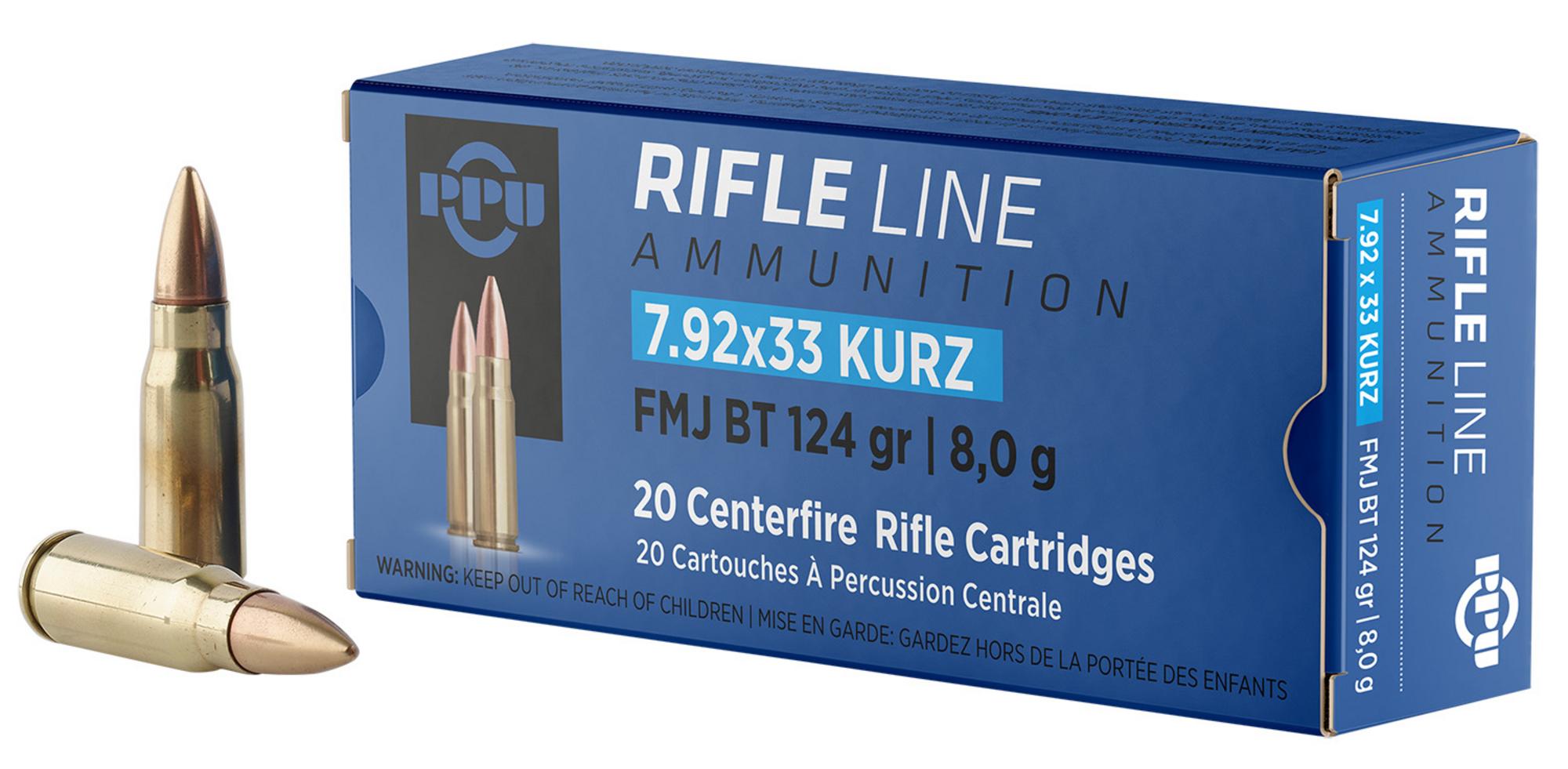 Prvi Partizan Rifle Ammunition PP7K, 7.9x33mm Kurz, Full Metal Jacket Boat Tail, 124 gr, 2250 fps, 20 Rd/Bx