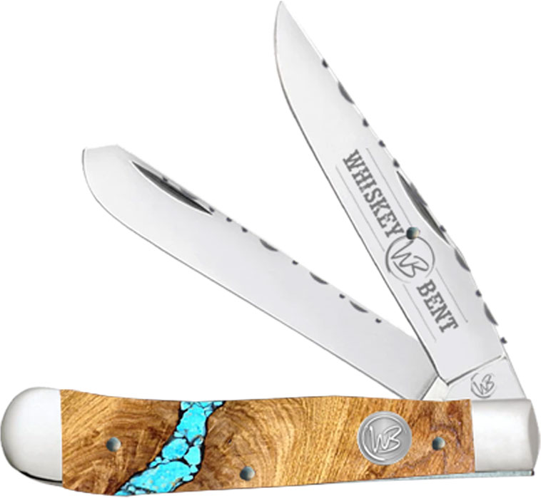 Whiskey Bent Knives Trapper Filework Knife w/Clip Point & Spey Blade, Turquoise River Handle (WB15F-14)